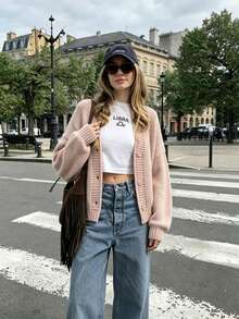Women's Comfortable Pink Button Cardigan Long Sleeve Medium Stretch Polyester Knit Fabric Ideal For Autumn/Winter - Pink - View 3