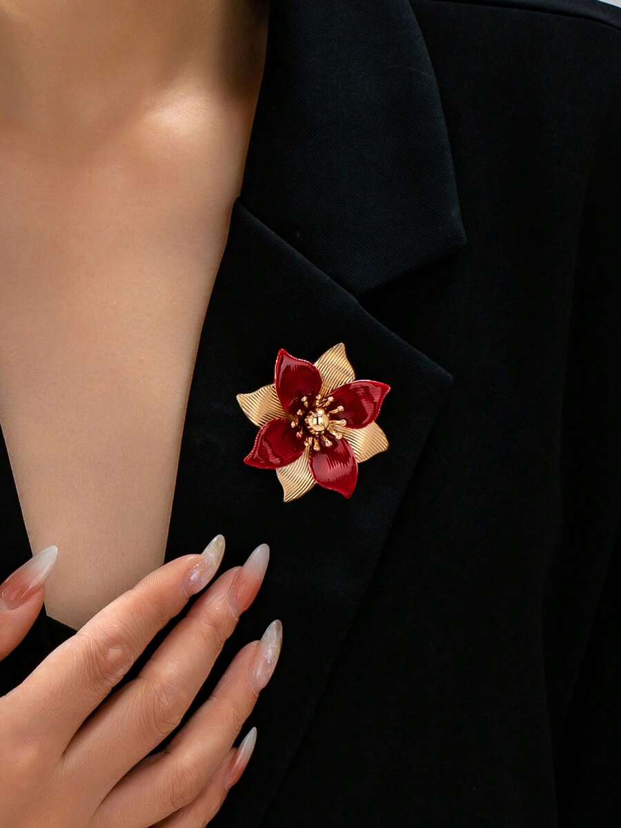 1pc Vintage Red & Gold Contrast Floral Brooch Pin For Suit, Coat, Party, Formal Occasion, Elegant Decorative Accessory - Burgundy - View 1