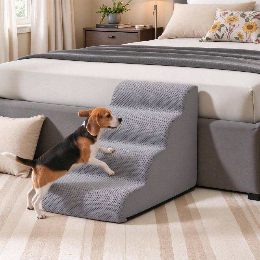 Feandrea Dog Stairs, Ramp, 5-Step Embossed Velvet - Grey - View 1