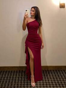 ADYCE Elegant One-Shoulder High-Waist Ruffle High-Slit Floor-Length Party Dress, Suitable For Prom, Birthday Party, Evening Date, Homecoming, New Year - Burgundy - View 1