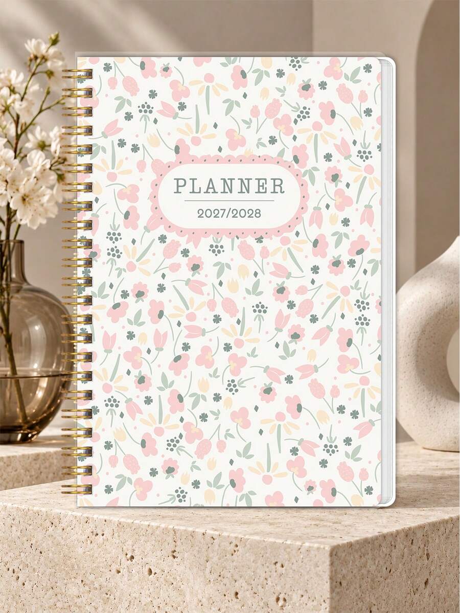 1pc Floral 2027-2028 Two-Year Organizer, Dated Monthly Agenda With Spacious Calendar Pages, Notes Area & Gold Spiral Binding, Goal And Schedule Planning For Women Students Teachers, Study Desk Home Use, Christmas Gift - A5 - View 1