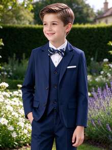 3pcs Young Boy Suit Set: Jacket, Pants And Bow Tie, Formal Wear Outfit For Wedding/Party, Spring & Autumn - Navy Blue - View 3