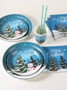 120PCS Christmas Disposable Paper Tableware Set, Includes 7-Inch And 9-Inch Plates, Paper Cups, Napkins And Straws; Featuring Blue Snowman, Christmas Tree, Snowflake And "Merry Christmas" Pattern Design, Suitable For Winter Parties, Holiday Dinners, Christmas Celebrations And Table Decor. - Multi-color 1 - View 6