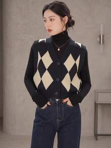 Women's Casual Single-Breasted V-Neck Argyle Knit Vest, Retro Style For Autumn Black Spring - Black - View 5