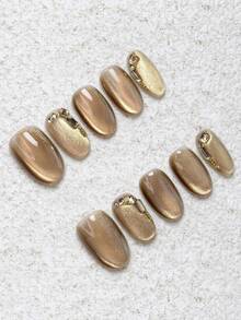 10pcs Handmade Press-On Nails, Lightweight & Comfortable Fit, Multiple Sizes Available, Oval Shape, Luxury Style, Coffee Cat Eye Base With 3D Square Rhinestone & Steel Ball Decor, Transparent & Flattering, Autumn/Winter, Christmas, New Year, Holiday Party Nails, Reusable Removable Fake Nails For Women's Commute & Gathering, Fall, Autumn, Fall Nails - Rose Gold - View 3