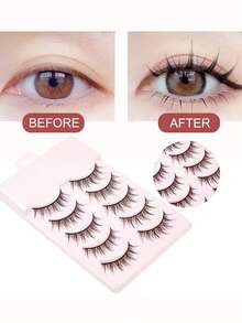 5 Pcs Cat Eye Lashes 5 Pairs Faux Mink Eyelashes Natural Look Fluffy Soft Cross Wispy Full Strip Lashes Eyelash Extension - Black - View 3