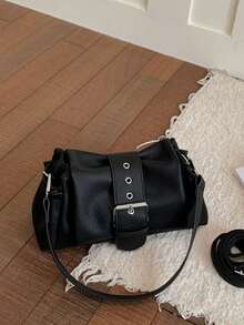 Metal Eyelet Decor Zipper Closure Minimalist Cool Style Pillow Bag Daily Commute Street Date Outfit Vintage Versatile Textured Shoulder Bag Adjustable Strap Crossbody Small Bag - Black - View 10