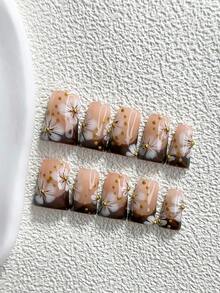 秋季 10 片裝暗色調花卉風手工穿戴甲 Polygel 美甲套組，花朵設計，白色與棕色指甲油，溫婉優雅風格，3 種尺寸可選，杏仁甲、鴨嘴甲、棺材甲，適合派對、跳舞、日常穿戴（手工細節可能有所不同） - 彩色 - 查看 16