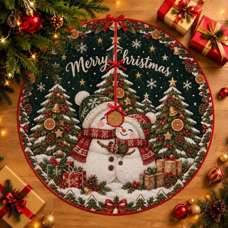1pc Cute Hugging Snowman Pattern Christmas Tree Skirt, Elegant Color Holiday Decor, 5 Sizes, Unisex Holiday Gift, Suitable For Home And Party Christmas Home Decoration - Cute Hugging Snowman - View 1