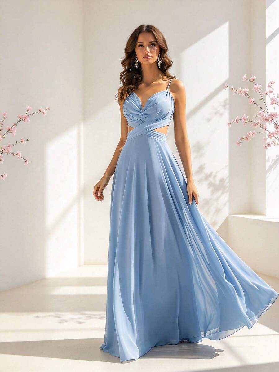 HOMEYEE Women's Fashion Solid Color Chiffon Sexy V-Neck Spaghetti Strap Backless Elegant A-Line Dress For Vacation, Cocktail, Bridesmaid Wedding Party Fall