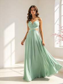 HOMEYEE Women's Fashion Solid Color Chiffon Sexy V-Neck Spaghetti Strap Backless Elegant A-Line Dress For Vacation, Cocktail, Bridesmaid Wedding Party Fall - Mint Green - View 2