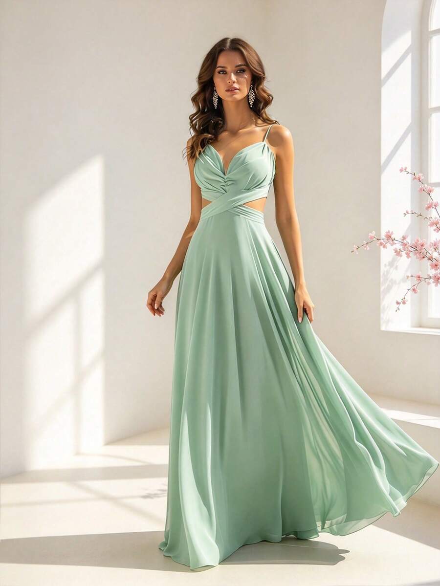 HOMEYEE Women's Fashion Solid Color Chiffon Sexy V-Neck Spaghetti Strap Backless Elegant A-Line Dress For Vacation, Cocktail, Bridesmaid Wedding Party Fall