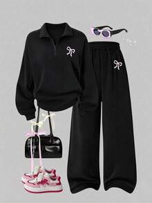 2 Pieces Set For Young Women And Girls, Half-Zip Sweatshirt With Pink Bow Print And Wide-Leg Pants, Loose Fit Stand Collar Sweatshirt And Loose Wide-Leg Pants Matching Set, Suitable For Autumn/Winter Daily Wear - Black - View 2