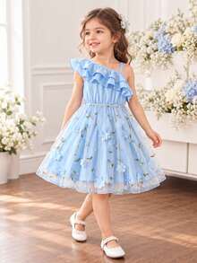 Young Girls Solid Color Ruffled Strap Embroidery Mesh Sundress - Baby Blue - View 2
