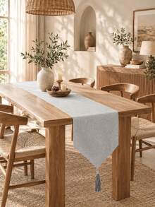 Camino de mesa minimalista de color gris puro con textura, lino sintético con ribete de borlas, tela decorativa de estilo neutro para mesa de comedor, uso en todas las estaciones, adecuado para mesa de comedor, mesa de café, consola de entrada, tocador y pasillo - Ceniza - Ver 1