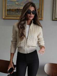 Women's Cable Knit Cardigan, Full Zip Long Sleeve Regular Fit Warm Sweater, Casual Autumn/Winter Knit Jacket - Apricot - View 4
