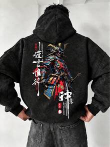 Men's Washed Distressed Hooded Sweatshirt, Autumn/Winter Japanese Armor Samurai Print, Loose Fit Drop Shoulder Retro Streetwear Pullover Hoodie - Black - View 4