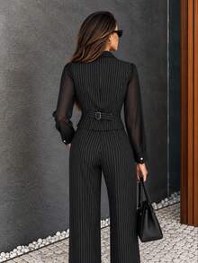 Women's Striped Blazer Style Set, Sheer Blouse And Straight Leg Pants, Professional Commute Versatile Office Outfit - Black - View 2