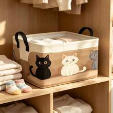 1pc Cute Multi Cat Print Square Storage Basket, Foldable Fabric Storage Bin With Double Handles, Toys Clothes Sundries Organizer For Bedroom Nursery - Multicolor - View 1