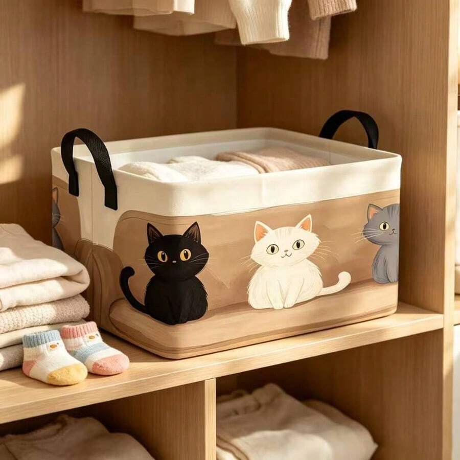 1pc Cute Multi Cat Print Square Storage Basket, Foldable Fabric Storage Bin With Double Handles, Toys Clothes Sundries Organizer For Bedroom Nursery - Multicolor - View 1