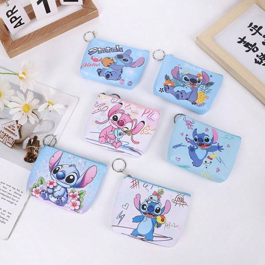 Mesuca Cute Stitch Zipper Coin Purse, Waterproof Oxford Fabric, Kawaii Cartoon Style, Lilo & Stitch Character Print, Blue Pink Multi Colors - Multicolor - View 1