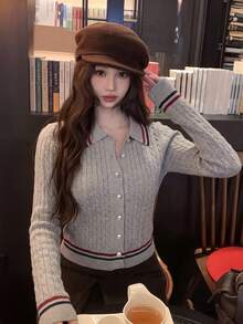 Korean Casual Style Double Zipper Hooded Knit Top, White Striped Placket And Cuffs, High Waist Slim Fit Base Layer - Flower Color - View 4