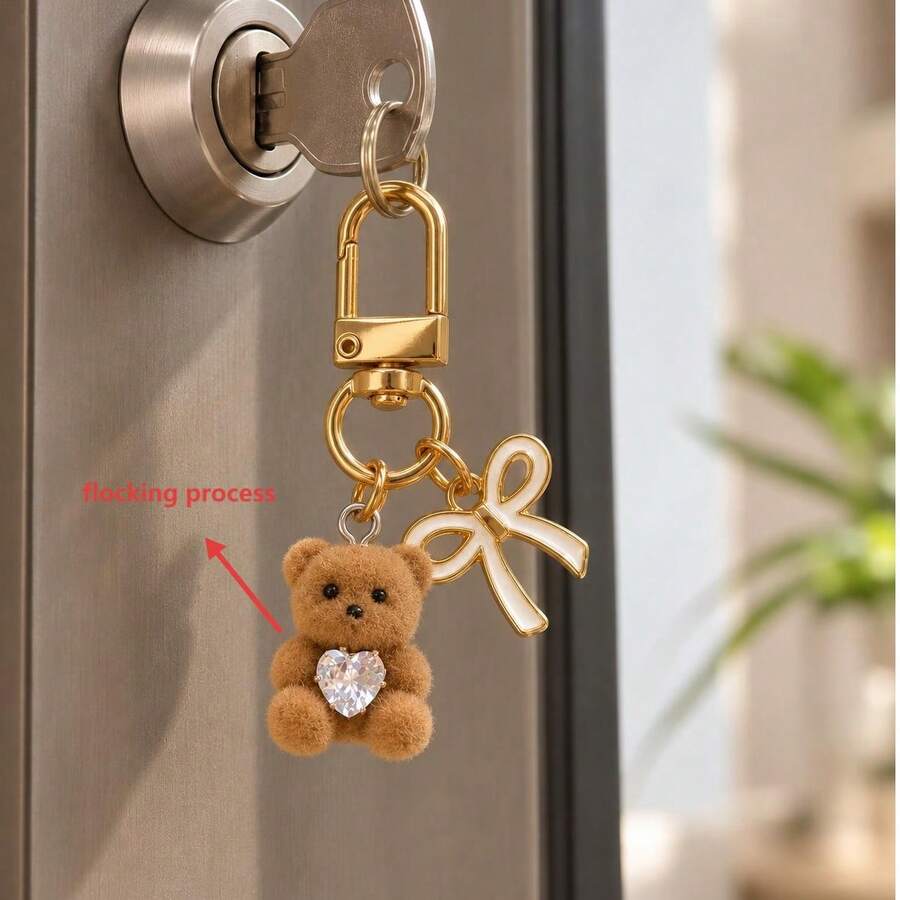 1pc/2pcs Women's Cartoon Flocked Inlaid Heart-Shaped Bear Pendant, Alloy Bowknot Keychain, Cute Style Bag Charm, Wallet Accessory - Multicolor - View 1
