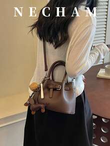 1件小眾設計帶扣手提包，拼色女款斜挎包，布料與PU材質，適合上班、購物、約會、旅行（不含吊飾） - 咖啡 - 查看 2