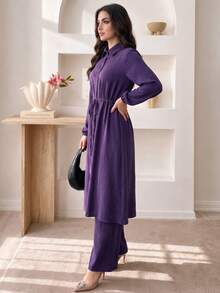 Women's Wrinkled Texture Lapel Front Button Cardigan Top + Wide Leg Pants 2pcs Set, Drawstring Waist Long Sleeve Casual Outfit, Elegant And Decent - Purple - View 6
