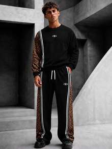Krometka Men's Black Leopard Print Patchwork Sports Set, Side White Stripes, Chest Print Logo, Casual Two Pieces Set, Versatile For Autumn/Winter - Black - View 1