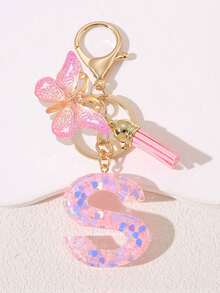 Women's Fashion Initial Keychain With Cute Butterfly Tassel Sequin Resin Letter Key Ring Pendant, Backpack Wallet Handbag Car Key Chain Charm, Valentine's Day Gift For Girlfriend - Pink - View 31