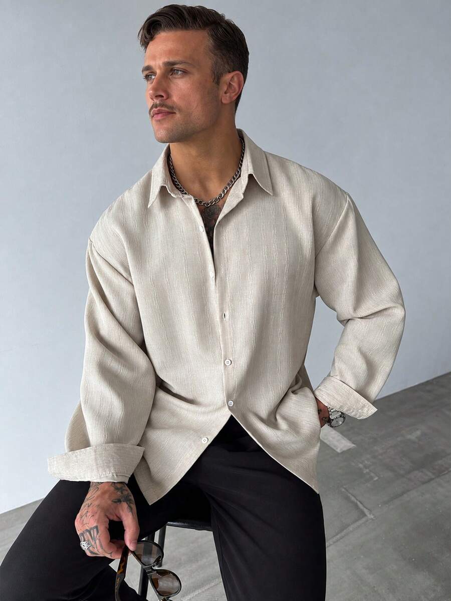 GloMan Old Money Style Men's Apricot Textured Striped Long Sleeve Shirt, Suitable For Business Casual, Office Commute, Family Gathering, Couple Matching, Gift For Husband/Father - Khaki - View 1