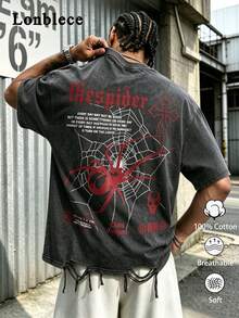 1pc Men's Vintage Halloween Element Washed Spider Print Loose Fit T-Shirt, Distressed Hem With Fringe Gothic Street Style Short Sleeve - Black - View 1