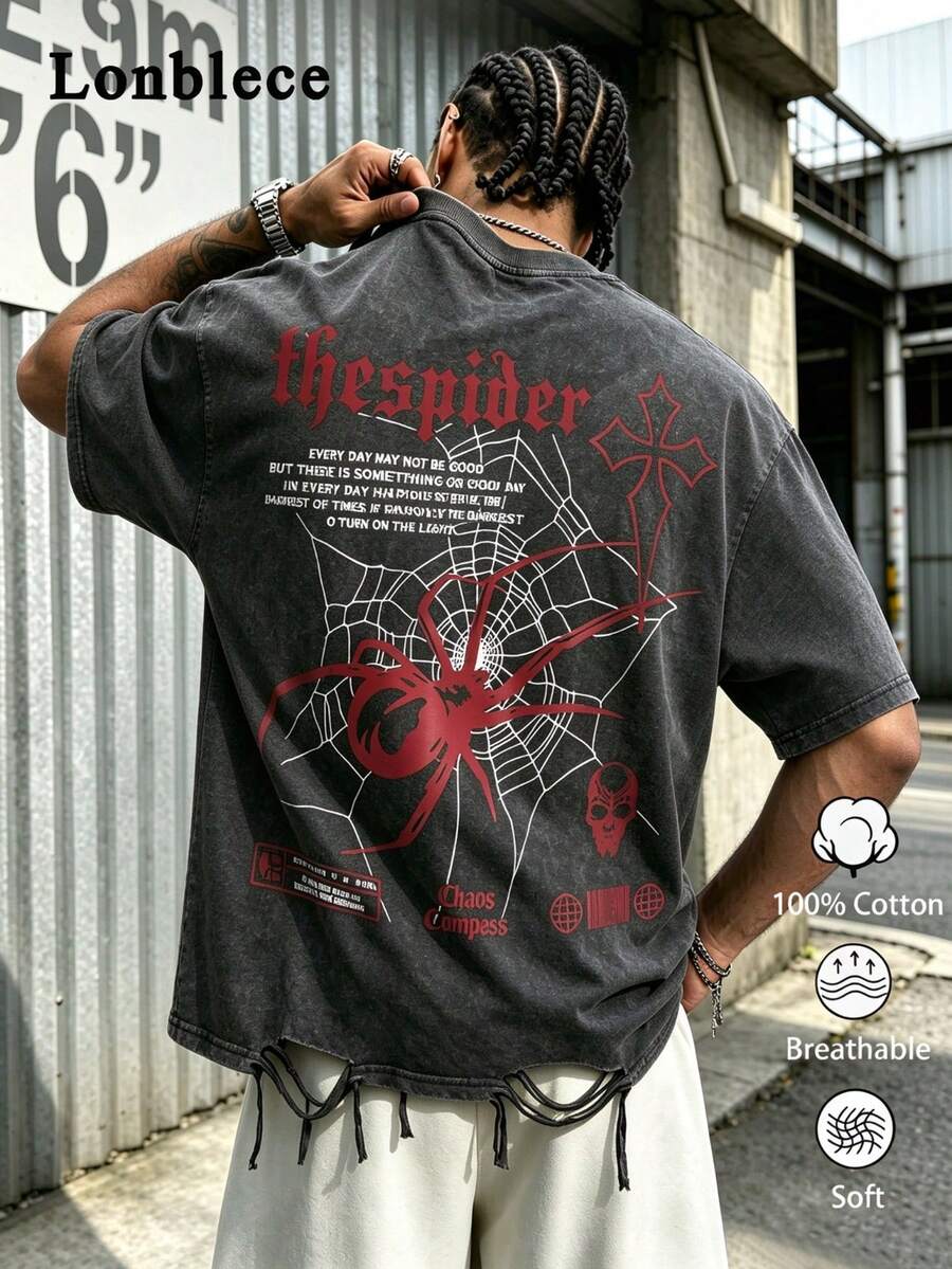1pc Men's Vintage Halloween Element Washed Spider Print Loose Fit T-Shirt, Distressed Hem With Fringe Gothic Street Style Short Sleeve - Black - View 1