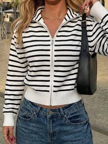 Women's Winter Streetwear Preppy Style Black & White Striped Double Zipper Cardigan Sweater Jacket - Black and White Stripes - View 4