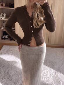 FOR BEAUTY Women's Y2K Brown Lace Trim V-Neck Button-Up Fitted Knit Cardigan Sweater Top Fall - Dark Tea Brown - View 8