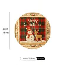 Red Plaid Snowman & Deer Christmas Round Coasters, Vintage Embossed Frame Merry Christmas Heat-Resistant Mats, Christmas Tabletop Decor, Holiday Party Home Kitchen Ornament, Christmas Small Gift - PET Coaster LDX2922 - View 3