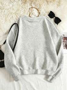 Women's Long Sleeve Crew Neck Sweatshirt, Printed With Playful Halloween "Trick Or Treat" Chick Pattern, Suitable For Autumn/Winter Wear - Light Grey - View 4