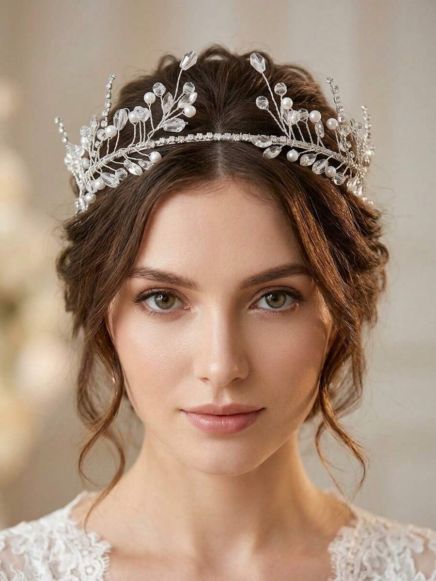 1pc Shiny Rhinestone Crystal Decorated Handmade Soft Headband, Suitable For Bride Wedding, Daily Wear, Party Birthday Elegant Hair Accessory - Silver - View 1