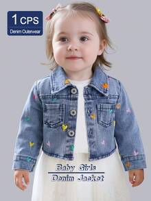Baby Girl Spring/Autumn Denim Jacket, Washed Denim With Colorful Heart Embroidery, Short Length, Turn-Down Collar, Long Sleeve, Button Closure, Double Chest Pockets, Sweet Casual Style For Daily Wear, Outdoor, Travel And Photography - Blue - View 3