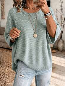 Plus Size Women's Green Knit Sequin Sweater, 3/4 Sleeve Round Neck Regular Fit Top, Suitable For Autumn - Mint Green - View 6