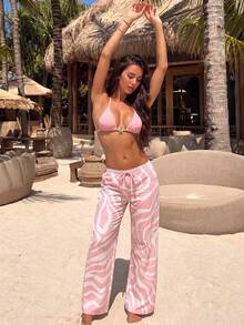HOTTIE HABIT Women's 3-Piece Halter Triangle Bikini Set, Solid Pink Bikini Paired With Pink & White Zebra Print Loose Wide Leg Beach Pants, Suitable For Beach, Pool And Vacation - Baby Pink - View 4