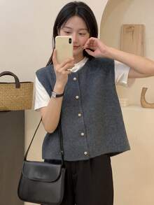 Alicedudu Women's Casual Vintage Minimalist Round Neck Solid Color Sweater Vest, Autumn/Winter - Light Grey - View 2