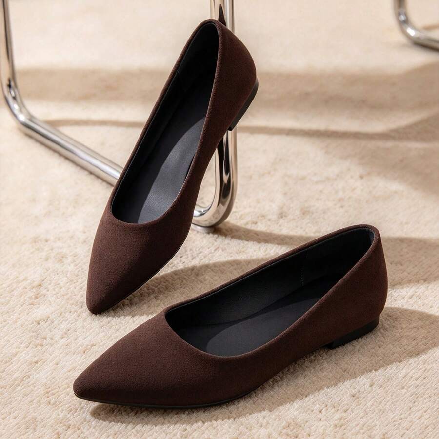 Women's Pointed Toe Ballet Shoes, Elegant Soft Sole Slip-On, Suitable For Workplace, Commuting, Wedding, Office, Brown Loafers - Brown - View 1
