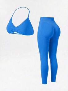 Women's Summer Two Pieces Blue Top And High Waisted Leggings Suit For Exercise Yoga Pilates Gym Run Wear Sports - Royal Blue - View 1