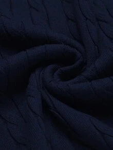 Women's Navy Blue Cable Knit Long Sleeve Pullover Sweater, Autumn/Winter Warm Lining Regular Fit Top - Navy Blue - View 8
