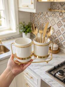 1pc Metal & Ceramic Combination Storage Box, Multi-Color, Minimalist Modern Nordic Style Storage Canister, Suitable For Halloween, Christmas, Kitchen Tabletop - Gold - View 29