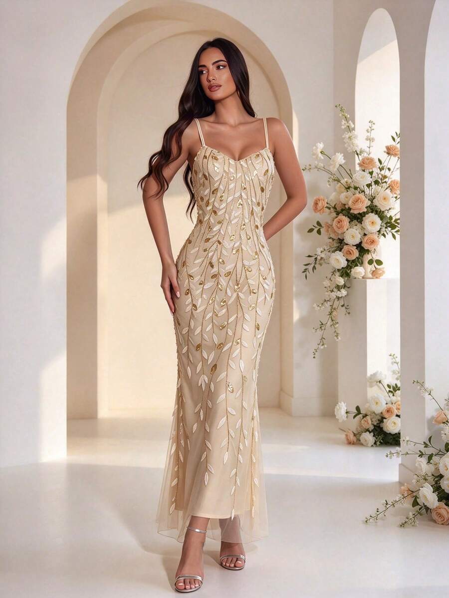 HOMEYEE Women's Embroidered Elegant Hoco Long Backless Tie Strap Fitted Cocktail Dress For Birthday Party - Gold - View 1