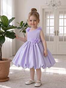 Baby Girls Asymmetrical Shoulder Bow Lace Lily Satin Cute Party Princess Flower Bud Dress, Suitable For Girls 0-3 Years Old Birthday Gift, Banquet, School, Stage, Party - Mauve Purple - View 3