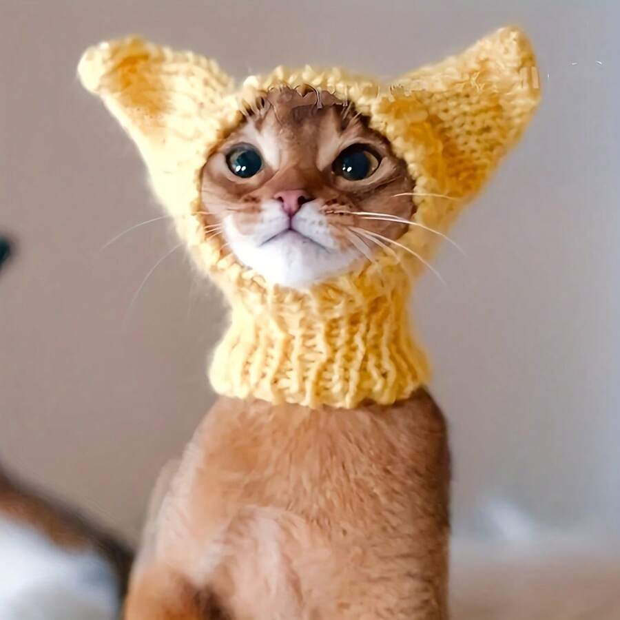 Pet Large Ear Knitted Snood Hat, Red Yarn Head Cover For Medium To Large Dogs, Dog Photo Prop Holiday Costume - Yellow - View 1